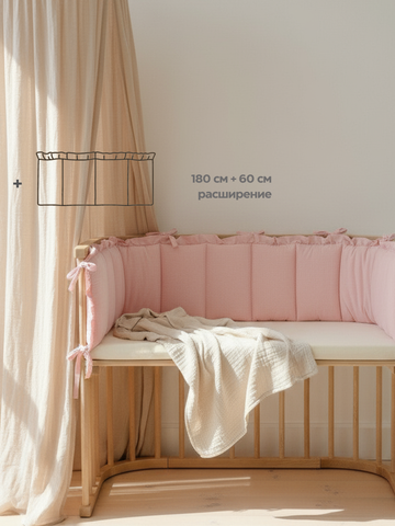 Бортик плоский с рюшами 180+60 см. розовый