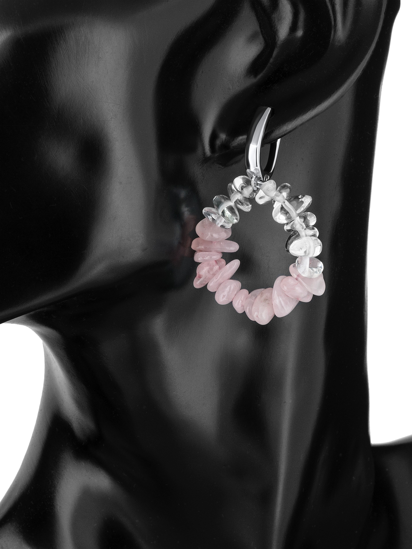 Дизайнерские круглые серьги с розовым кварцем и хрусталем