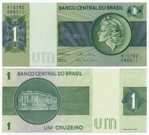 Банкнота Бразилия 1 крузейро 1972 год (выпуск 1980). UNC
