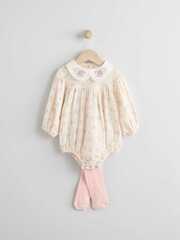 Боди с длинным рукавом и колготки в комплекте для малышей Next E65-019, Бежевый, Розовый