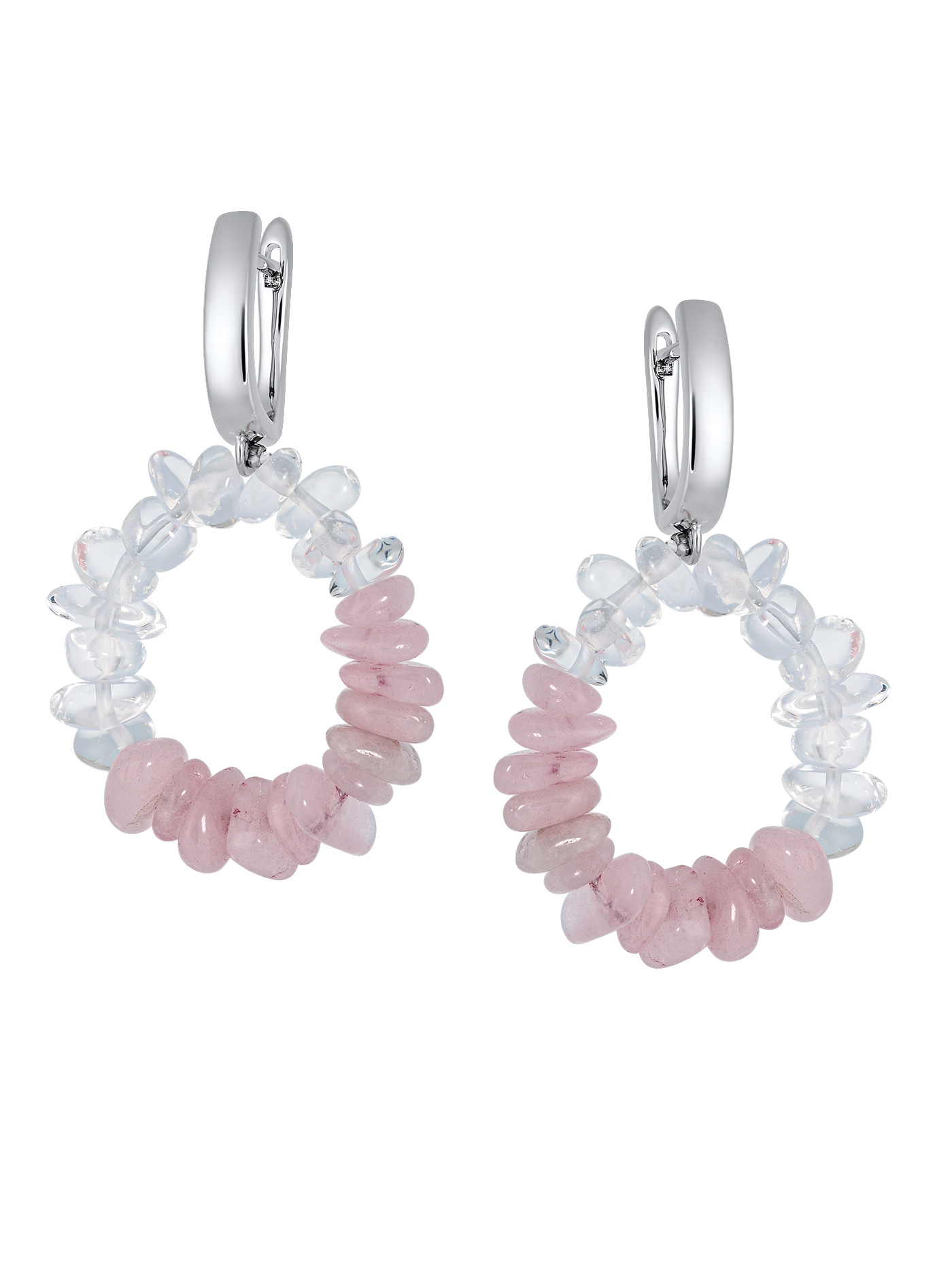 Дизайнерские круглые серьги с розовым кварцем и хрусталем
