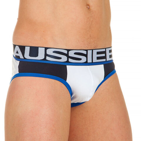 Мужские трусы брифы белые с темно-синими вставками по бокам AussieBum