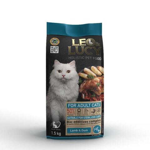 LEO&LUCY сухой холистик корм полнорационный для взрослых кошек с ягненком, уткой и биодобавками, подходит для стерилизованных, 1,5 кг
