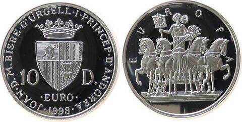 10 динаров. Европа Евро Квадрига. Андорра 1998 год. PROOF