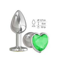 Серебристая анальная втулка с зеленым кристаллом-сердцем - 7 см. - 
