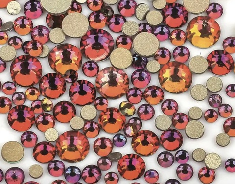 Стеклянные стразы  (размер микс) 1140шт, цвет хамелеон оранж-розовый