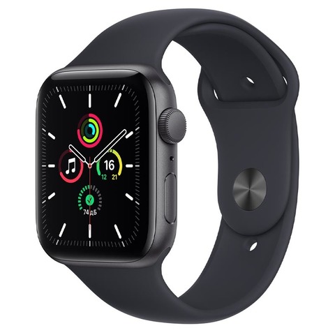 Apple Watch SE, GPS, 44 мм, алюминий цвета «серый космос», спортивный ремешок цвета «Тёмная ночь»
