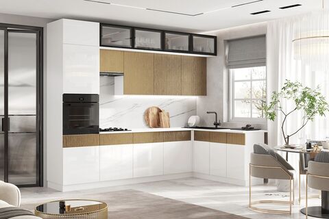 Кухня Оливия NEW 3,0х1,8/1080м (490) Компоновка №1 (Белый глянец/Голдэн Пэлас, Белый (Антарес))