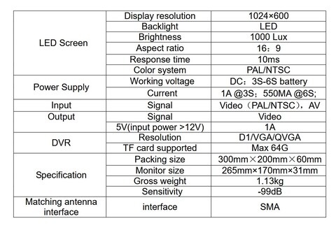 FPV монитор Hawkeye Captain X 10.2", 1024*600, 3in1 1.2G 3.3G 4.9G 5.8G 6G, 240CH (8*3 DIY channel), AV IN, DVR, tracking mode