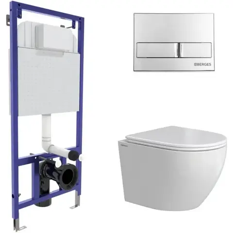 Berges 43386 Комплект : инсталляция NOVUM кнопка L3 хром глянец, унитаз OKUS Rimless 49 см, сиденье дюропласт микролифт, быстросъём