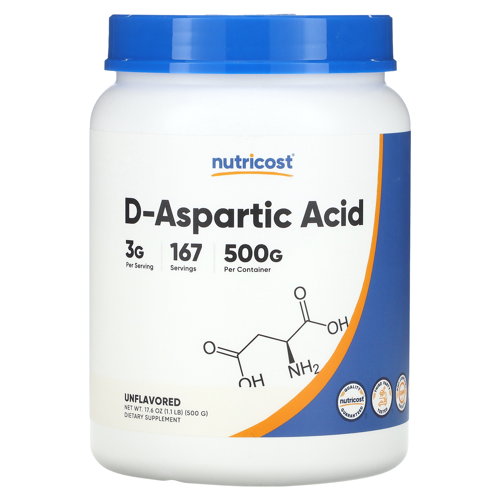 Nutricost, D-аспарагиновая кислота, без вкусовых добавок, 500 г (1,1 ...