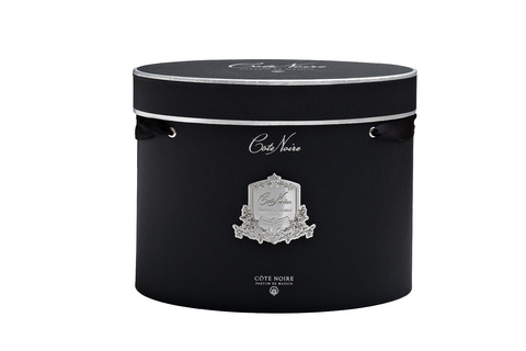 Букет роз ароматизированный и спрей 10мл Cote Noire Oval White в вазе с серебряным декором