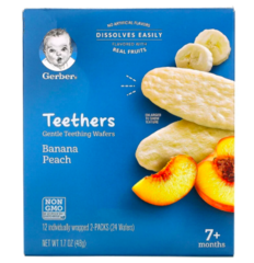 Gerber, прорезыватели, вафли для мягкого прорезывания зубов, для малышей от 7 месяцев, банан и персик, 12 пакетиков по 2 вафли в каждом