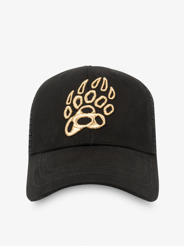 Бейсболка с сеткой «Медвежий Русский След» чёрного цвета - золото с 3D вышивкой лого
