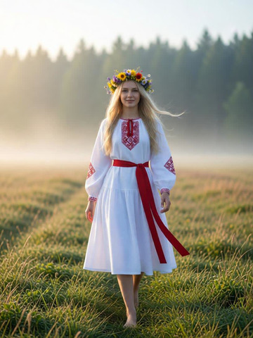 Славяночка. Платье льняное, белое в этностиле с вышивкой PL-422611