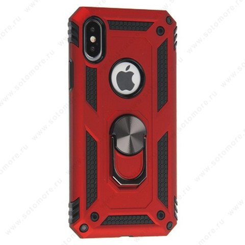 Накладка для Apple iPhone XS Max черная внутреняя резиновая накладка + сверху пластик красный с поворотной подставкой Тип 1