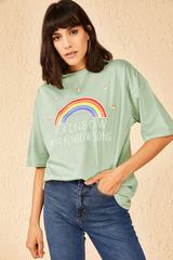 Qadın üçün geniş ölçülü açıq yaşıl t-shirt Rainbow 10501027