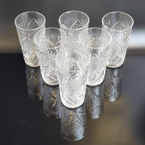 Стаканы хрустальные набор из 6 штук, алмазная грань, геометрический орнамент, 13 см, (объём -? мл), винтаж СССР 1970-1990 гг