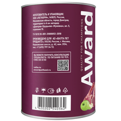 AWARD консервы для взрослых собак паштет из ягненка с яблоком 400г