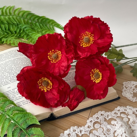 Мак искусственный, бархатистая ножка и листья, 2 цветка + 1 бутон на ветке, 58 см, набор 2 ветки.