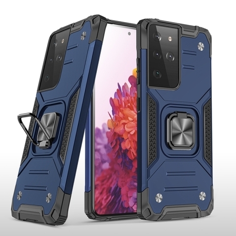Противоударный чехол Strong Armour Case с кольцом для Samsung Galaxy S21 Ultra (Синий)