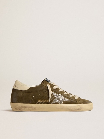 Super Star in green suede with glitter star and cream heel tab