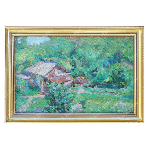 Динес Ю. С. Дом, утопающий в зелени (Зеленый пейзаж). Саратов. Холст, масло. 1947