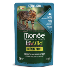 Влажный корм Monge Cat BWild GRAIN FREE для стерилизованных кошек, беззерновой, из тунца с креветками и овощами, паучи 85 г - 28 шт