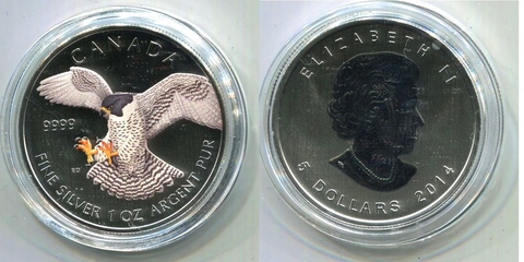Канада 2014, 5 долларов, серебро. Сокол обыкновенный, сапсан, цветная