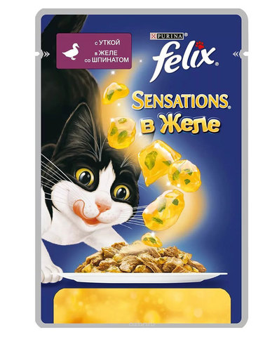 Felix Sensation пауч для кошек с уткой и шпинатом в желе 85 г