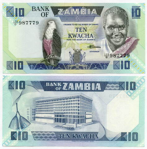 Банкнота Замбия 10 квача 1986 год 128/D 987779. UNC