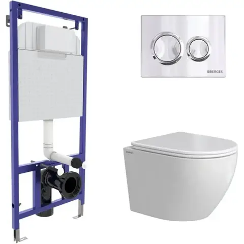 Berges 43389 Комплект : инсталляция NOVUM кнопка O3 хром глянец, унитаз OKUS Rimless 49 см, сиденье дюропласт микролифт, быстросъём