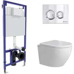 Berges 43389 Комплект : инсталляция NOVUM кнопка O3 хром глянец, унитаз OKUS Rimless 49 см, сиденье дюропласт микролифт, быстросъём фото