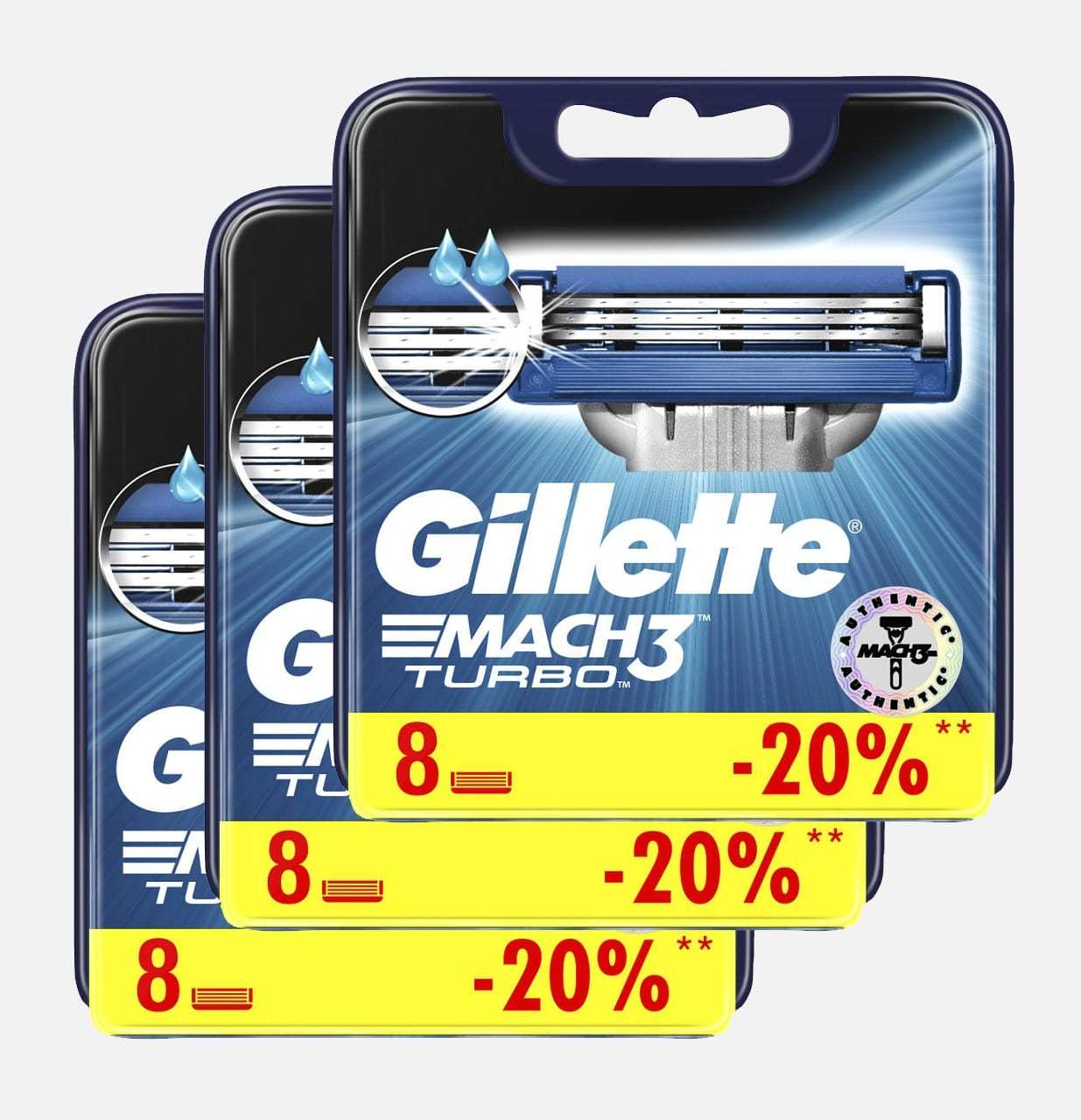 Сменные кассеты для бритья Gillette MACH3 Turbo (24 шт). Цена с учетом скидки 6%.