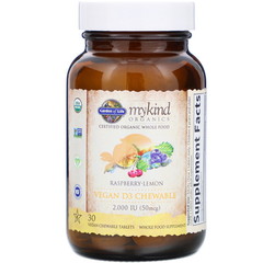 Garden of Life, MyKind Organics, веганский витамин D3, со вкусом малины и лимона, 2000 МЕ, 30 вегетарианских жевательных таблеток