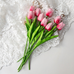 Тюльпаны реалистичные искусственные, Ярко-розовые, латексные (силиконовые), 34 см, букет из 9 штук.