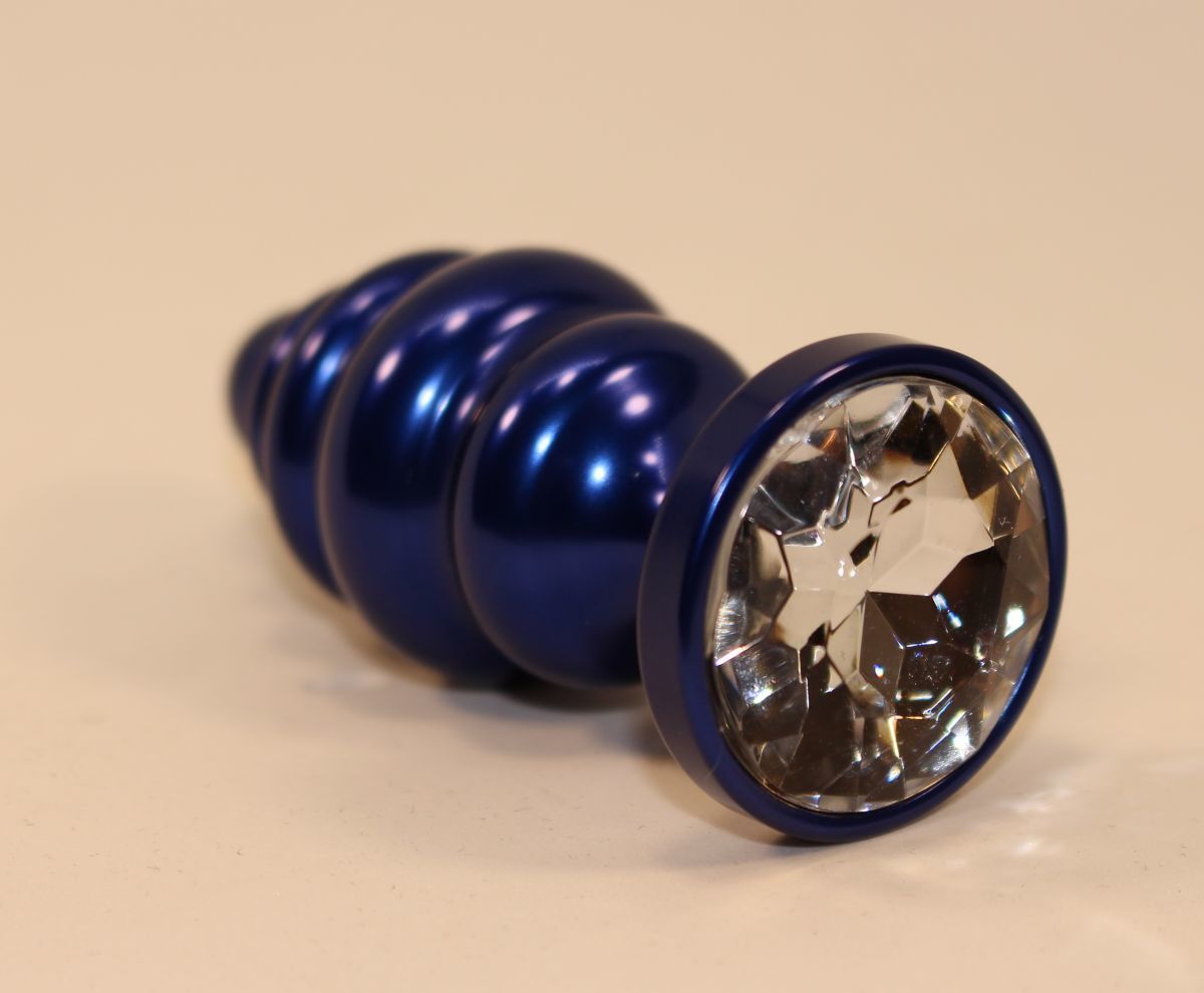 Синяя рифлёная пробка с прозрачным кристаллом - 7,3 см.