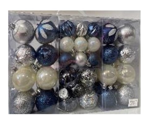 Набор шаров 67шар (4см-27шар, 6см-40шар) в бол прямоуг упак с ручкой 402767 2цвета 6видов (бел узор, дольки, искра, прозр с дождиком внутри, матовый, жемчужный)