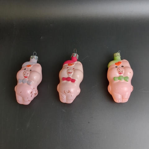 Ёлочные игрушки набор из 3х штук "Три поросёнка", стекло, подвесные, ручная роспись, винтаж времён СССР 1960-1990 гг