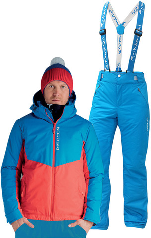 Мужской утеплённый прогулочный зимний костюм Nordski Montana RUS голубой-красный с голубыми штанами с лямками