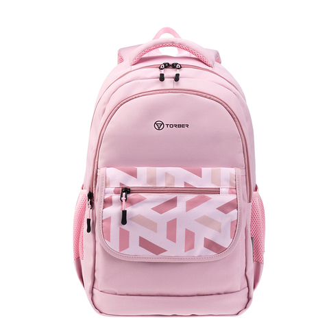 Школьный рюкзак TORBER CLASS X, розовый с орнаментом, полиэстер 900D, 45 x 30 x 18 см, 17 л, отделение для ноутбука - 15,6