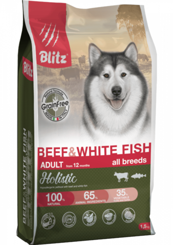 Blitz Holistic Beef & White Fish собаки всех пород, сухой, говядина белая рыба (500 г)