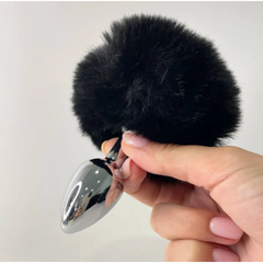 Металлическая анальная пробка с черным хвостиком Fluffy от Alive (7*2,8 см.)