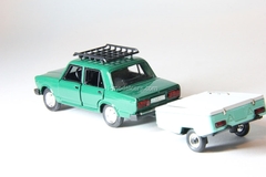 VAZ-2107 Lada with roof rack and trailer Skif green Agat Mossar Tantal 1:43
