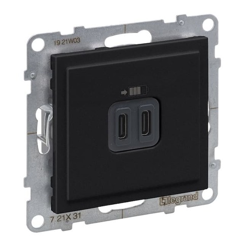 Розетка зарядное устройство USB 2 разъёма тип - С/тип - С, винтовые клеммы. Цвет Антрацит. Legrand серия SUNO. 721431