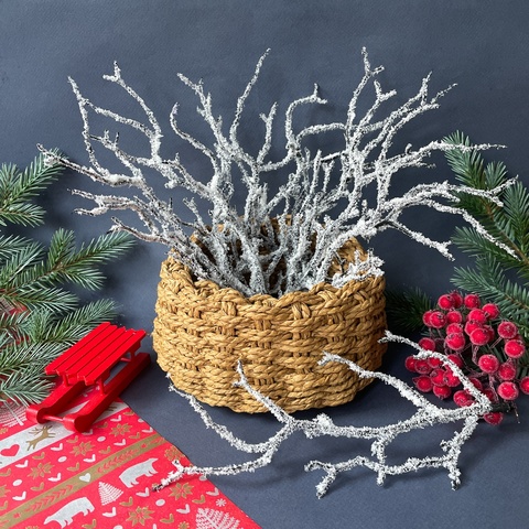 Ветка со снегом искусственная, коряга, дерево искусственное, зимний декор, 24 см, набор 10 штук.