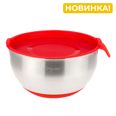 Миска Jolly Kitchen с ручкой, красная, 26 см, нержавеющая сталь 0,5 мм, объем 4,4 л