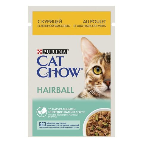 Purina Cat Chow пауч для кошек против комков шерсти (курица, зеленая фасоль) 85г