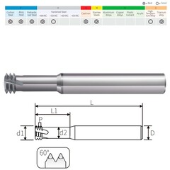 Резьбофреза М 4,5х0,75 (3-витк., UNI) 2xD 52Hrc AlCrN 3F 60° 4х50мм BSKT BSE008S012