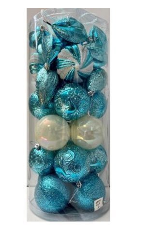 Набор на елку 33предмета 83311 18шар 8см 3вида (искра5,узор9,жемчуг4), 3вида сосулек (узор4,дольки7,пат4) в тубе с ручкой